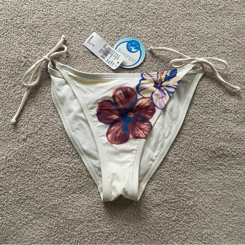 Billabong Vintage NWT Deadstock medium white bikini bottom glitter flowers